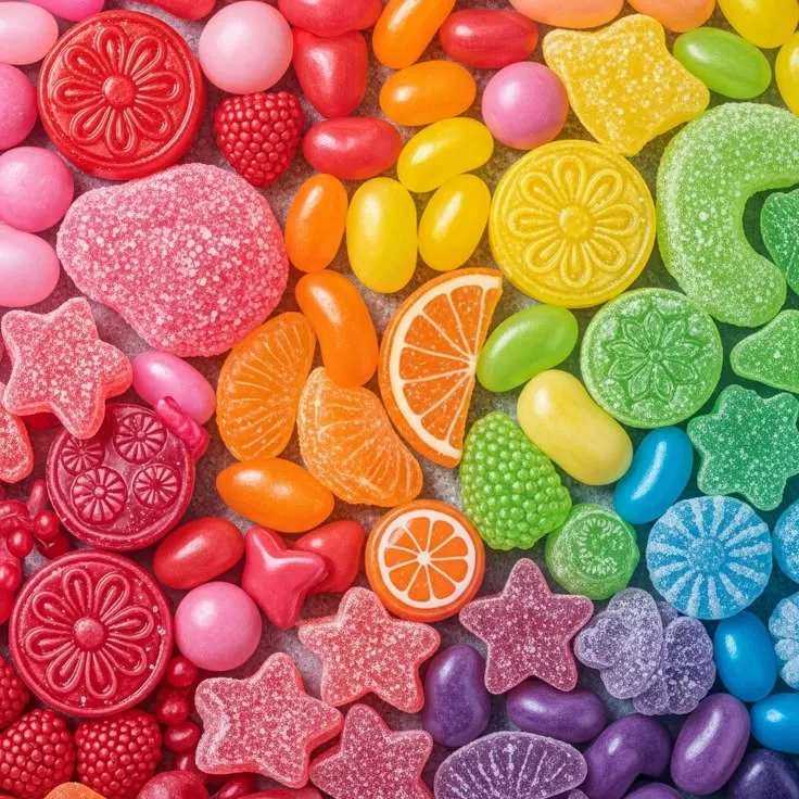 This may contain: colorful candies are arranged in the shape of hearts