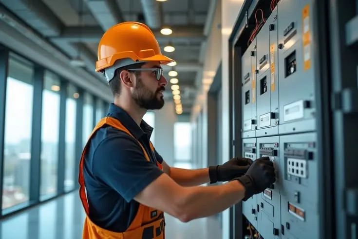 This may contain: a man in an orange safety vest and hard hat is working on the control panel