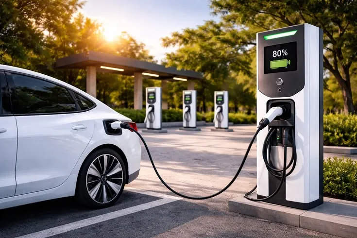 This may contain: an electric car plugged in to a charging station with the sun shining behind it
