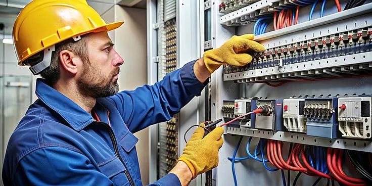 This may contain: a man in a hard hat is working on an electrical panel with wires and switches
