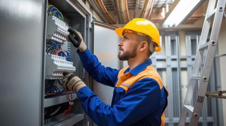This may contain: a man in safety gear working on an electrical panel