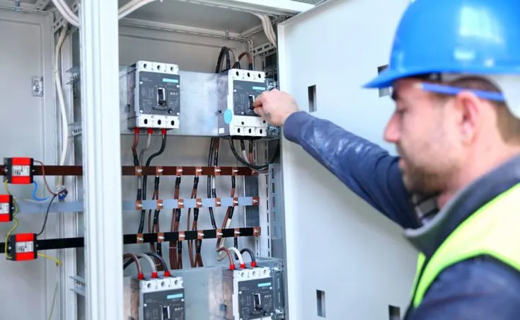 This may contain: a man in hardhat working on an electrical panel