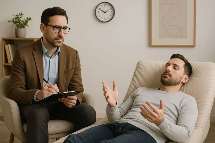 This may contain: a man sitting in a chair talking to another man