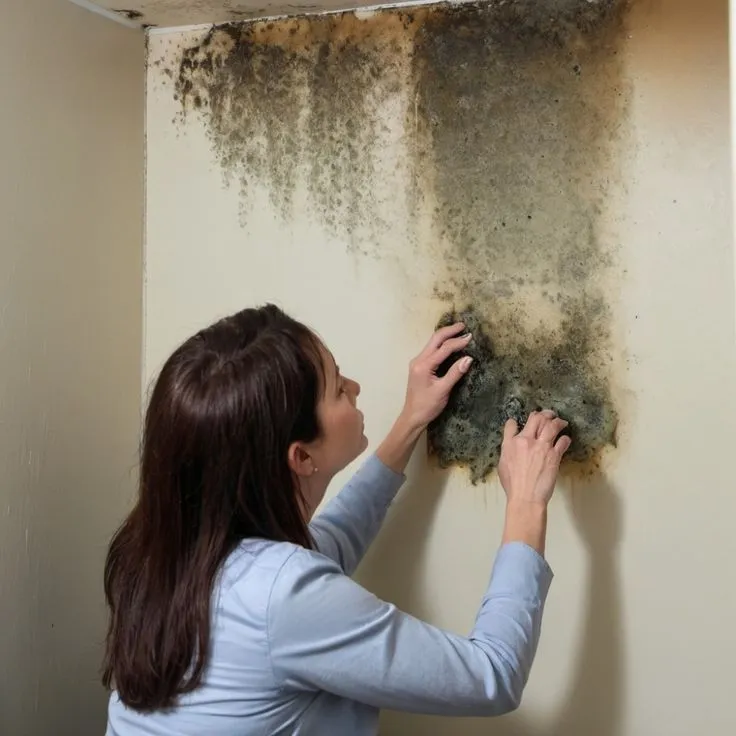This may contain: a woman is removing mold from the ceiling