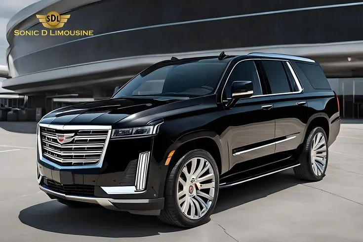 This may contain: the new cadillac suv is parked in front of a large building with an airplane behind it