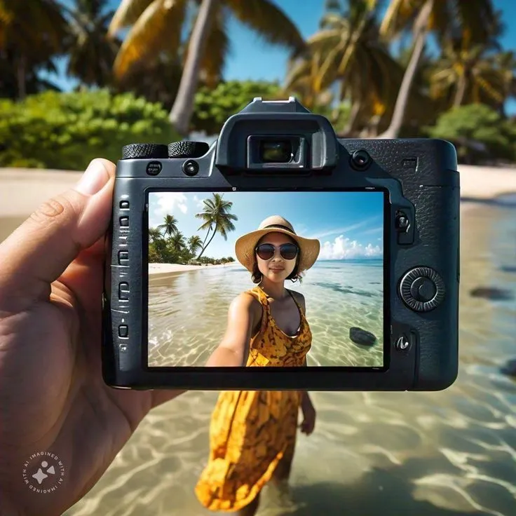 This may contain: a person holding up a camera to take a photo on the beach with palm trees in the background