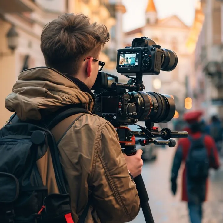 This may contain: a man with a camera is walking down the street