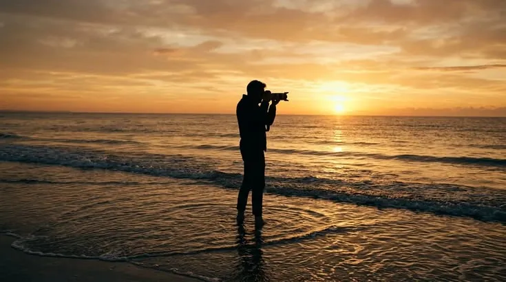 This may contain: a man standing on top of a beach next to the ocean holding a camera in his hand