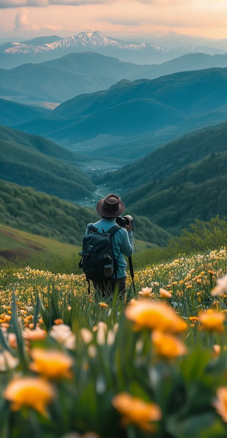 This may contain: a person with a backpack is standing in the grass looking at mountains and flowers that are blooming