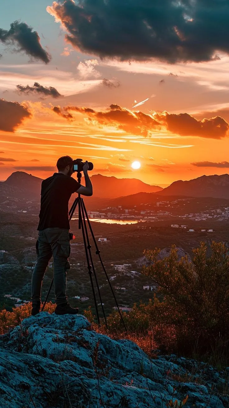 This may contain: a man standing on top of a mountain looking at the sunset with a tripod