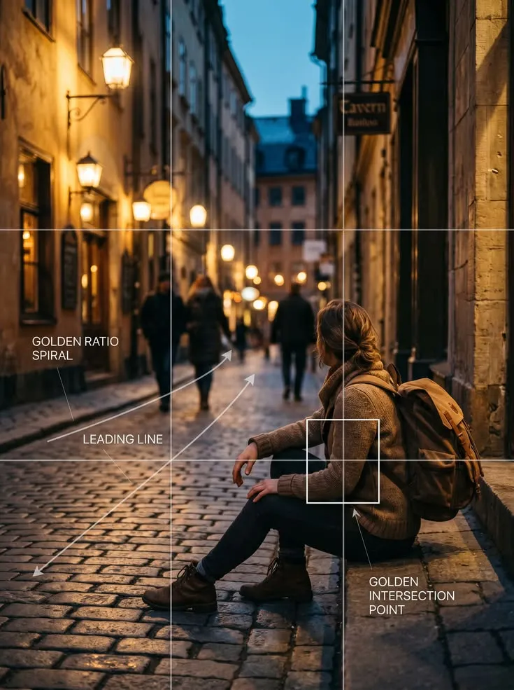 This may contain: a woman sitting on the side of a street next to a building with information about her location