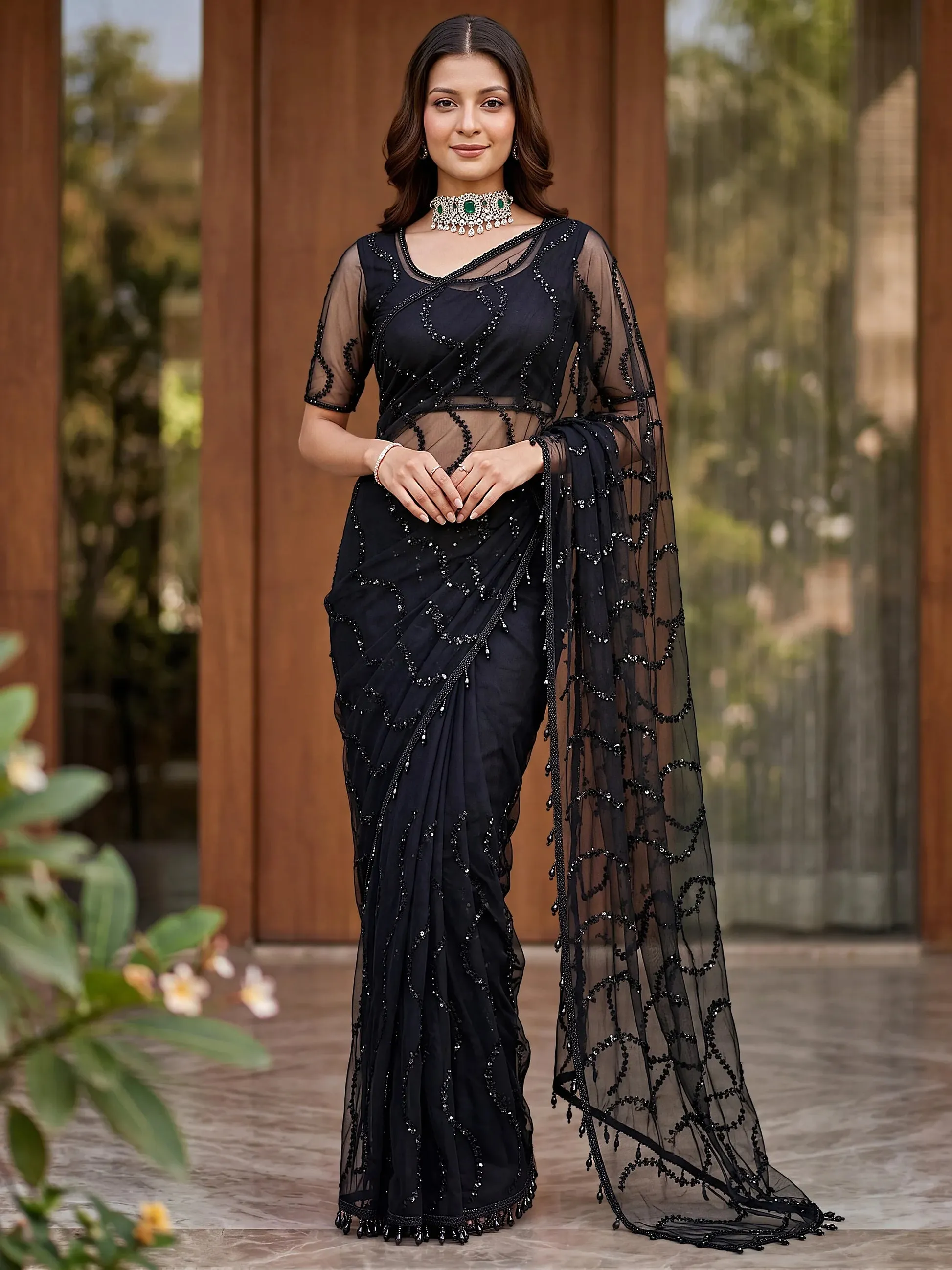 Beautiful Black Sequins Net Reception Wear Saree With Blouse