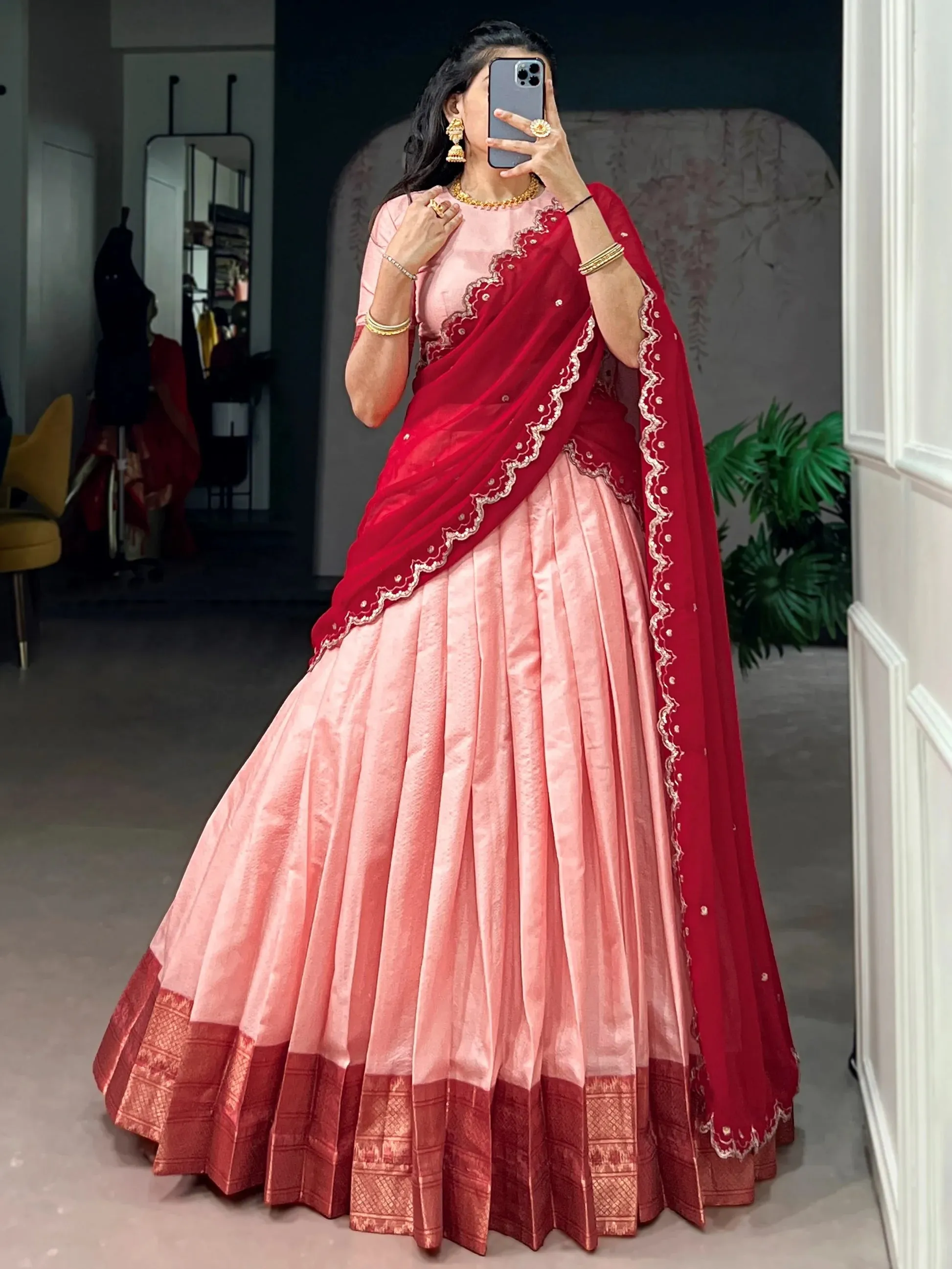 Glowing Peach Zari Weaving Silk Wedding Wear Lehenga Choli With Dupatta