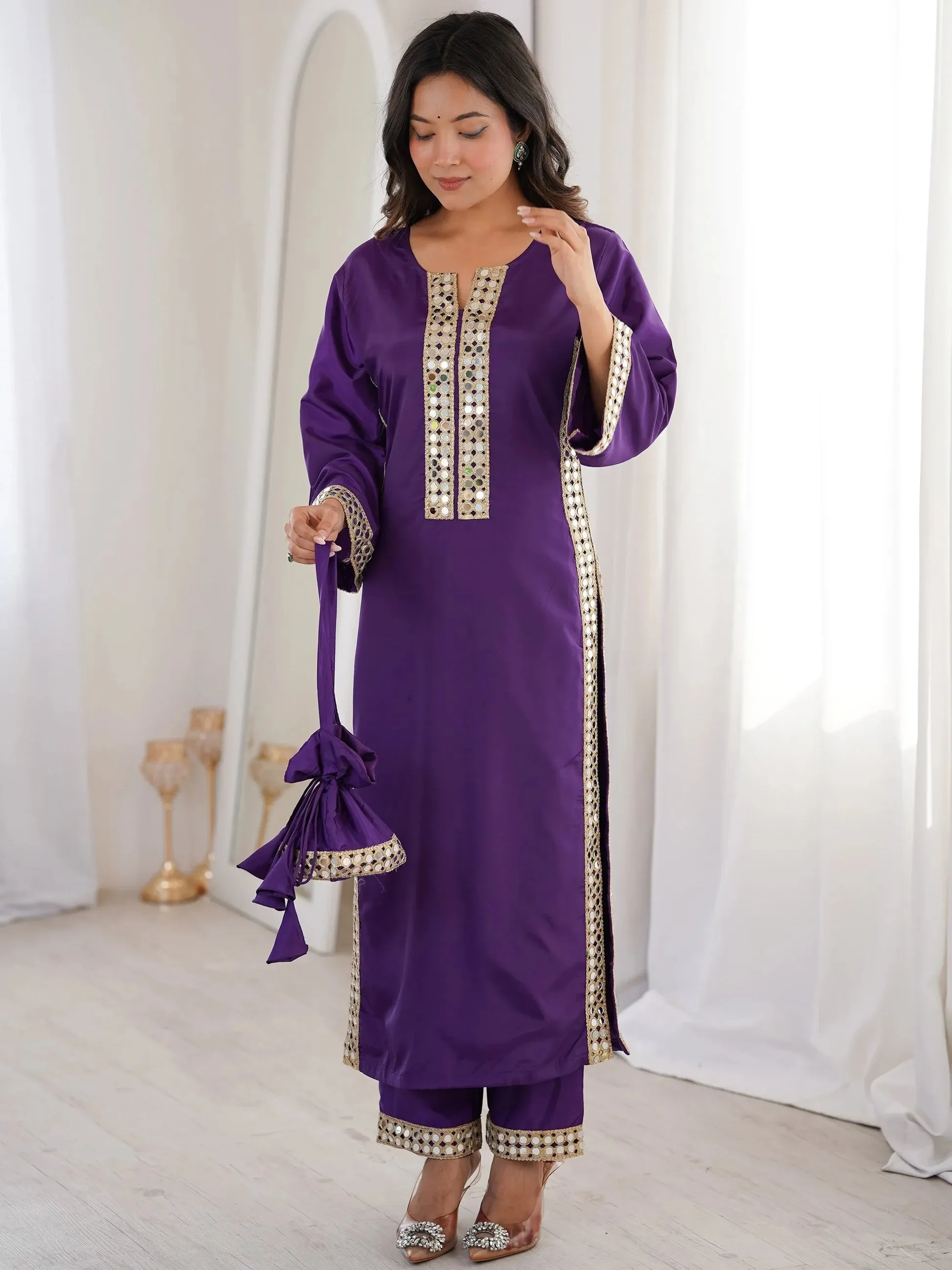 Sparkling Purple Mirror Work Crepe Festival Wear Kurti Suit With Batwa