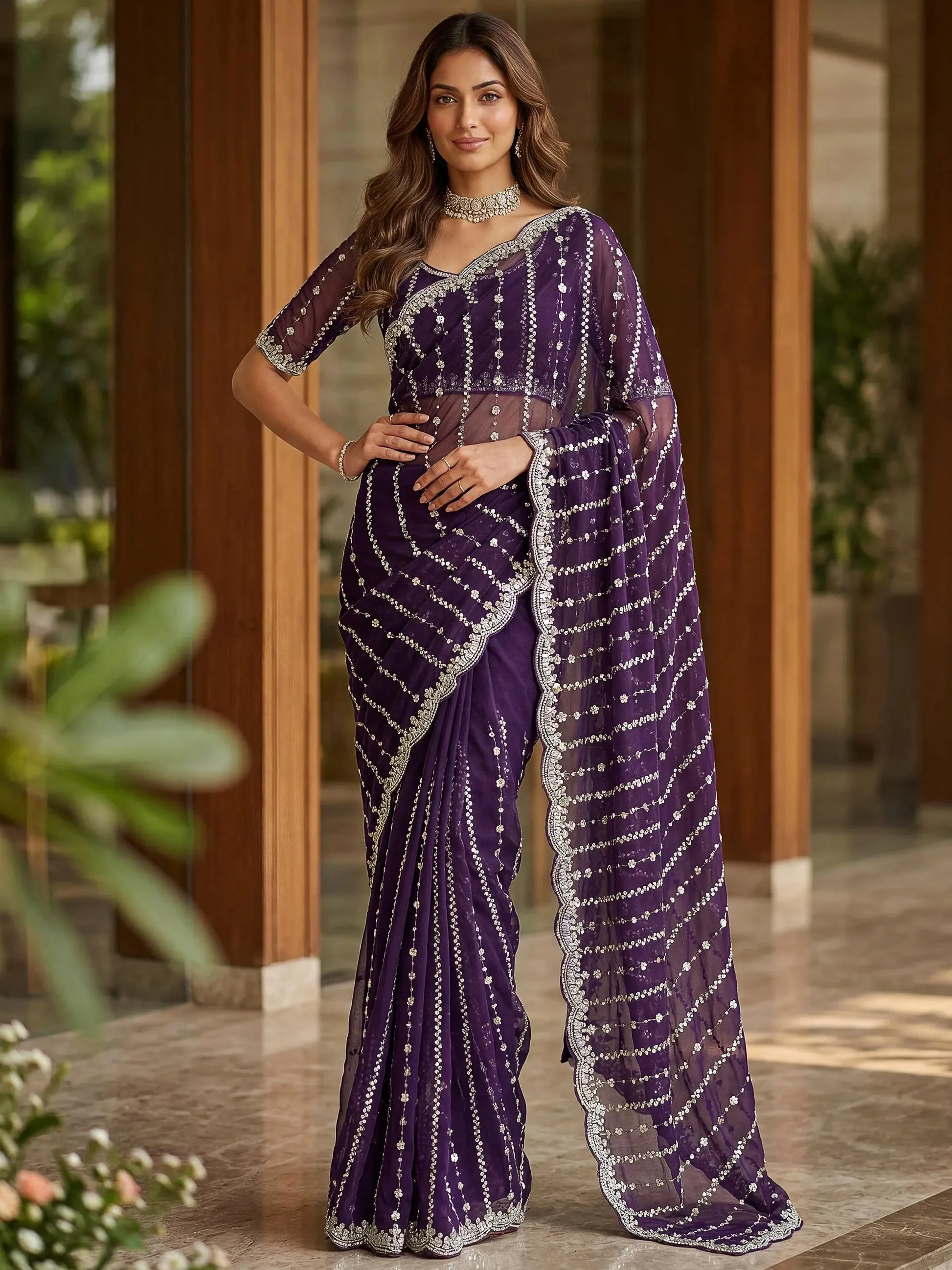 Fabulous Purple Embroidered Satin Wedding Wear Saree With Blouse