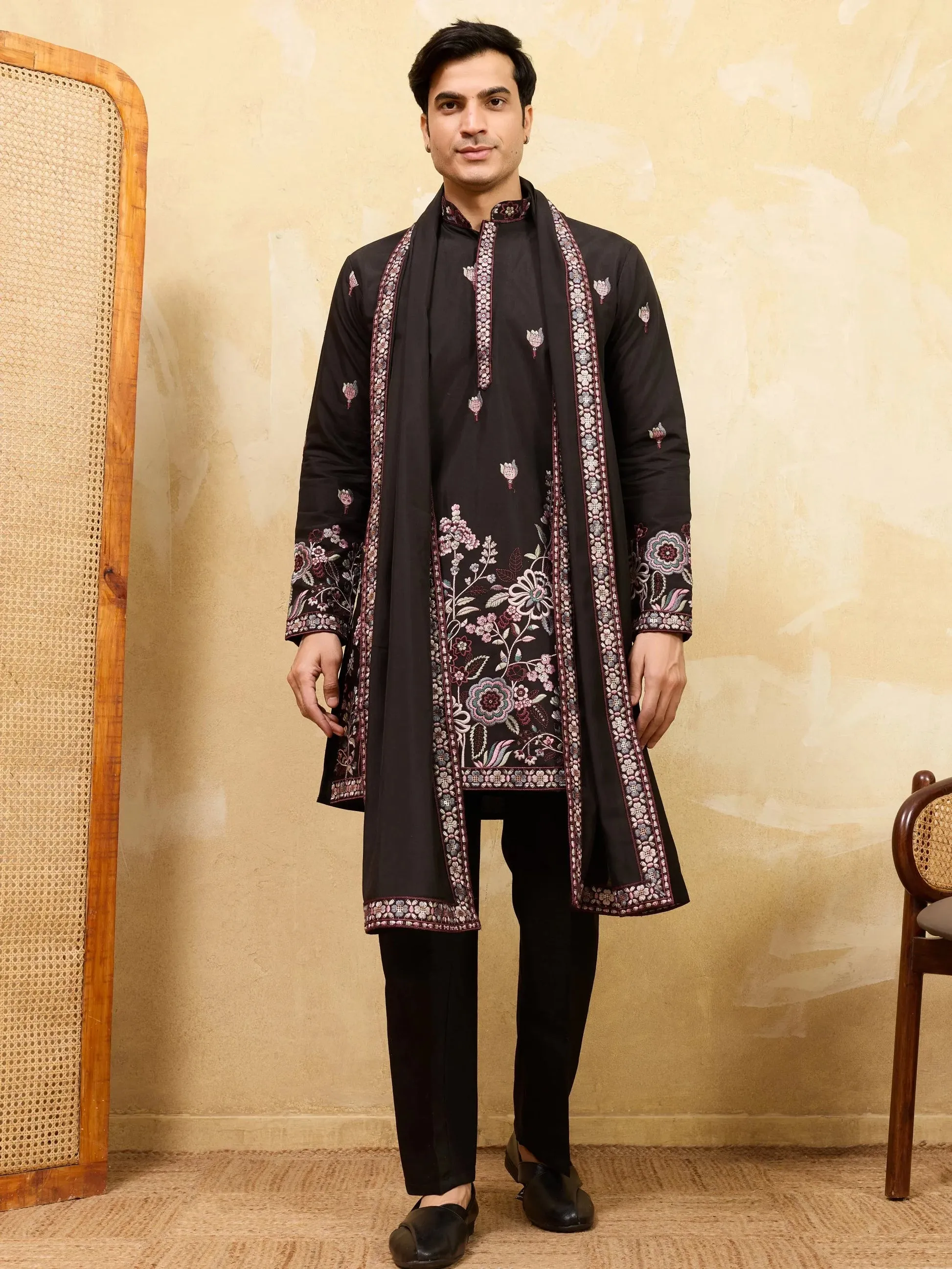 Outstanding Black Thread Embroidery Viscose Silk Marriage Wear Men's Kurta With Dupatta