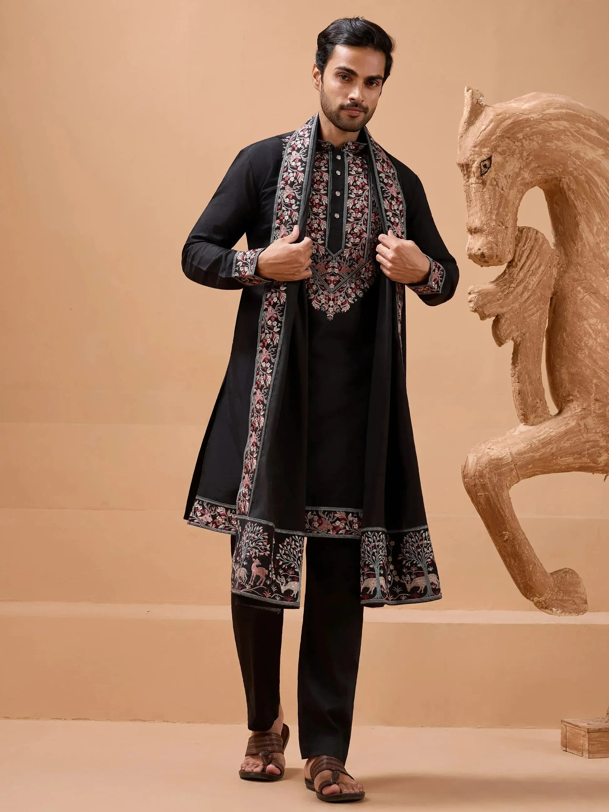 Marvelous Black Thread Work Viscose Silk Party Wear Men Kurta Set With Dupatta