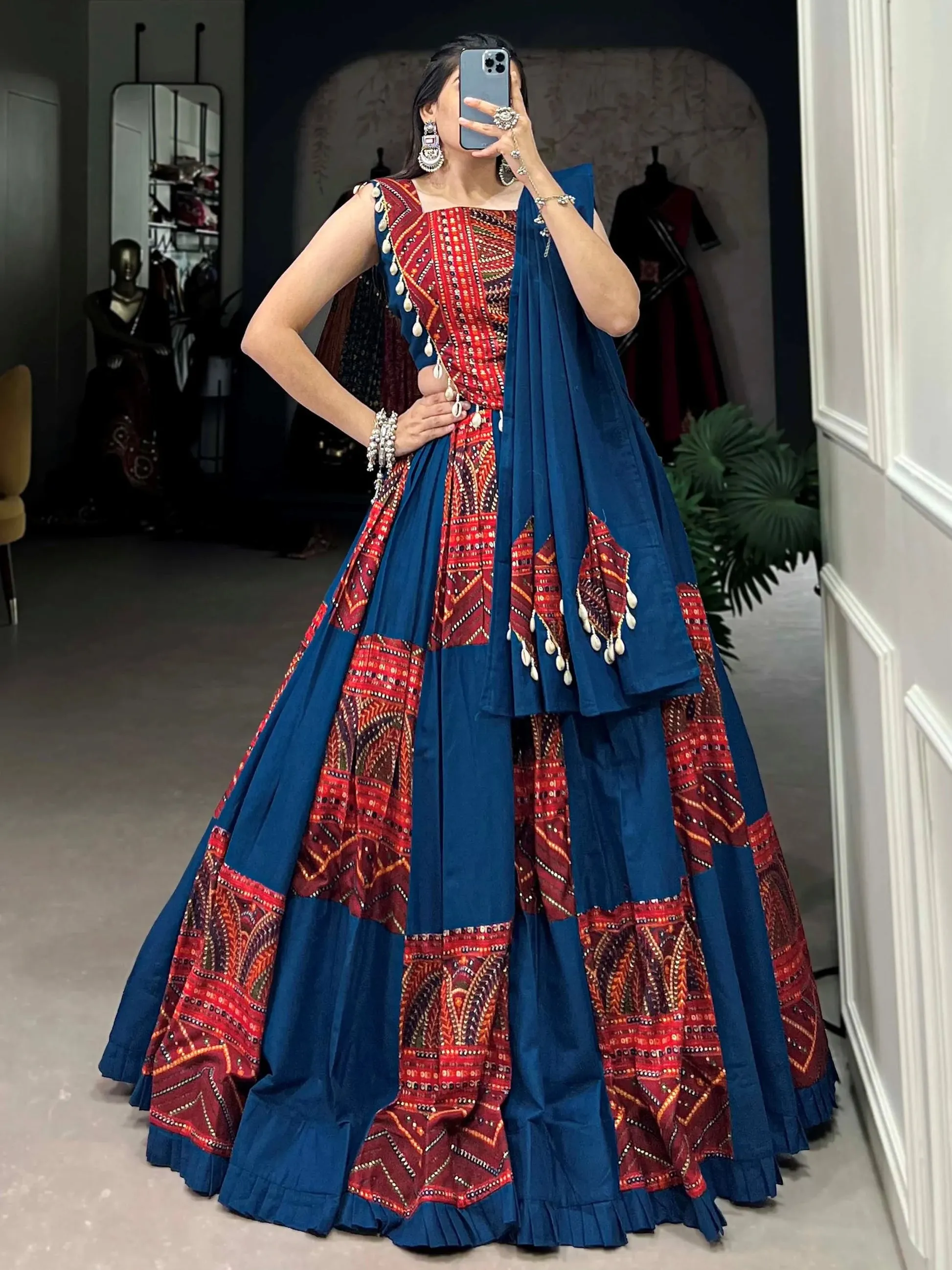 Attractive Blue Foil Work Cotton Navratri Wear Lehenga Choli With Dupatta