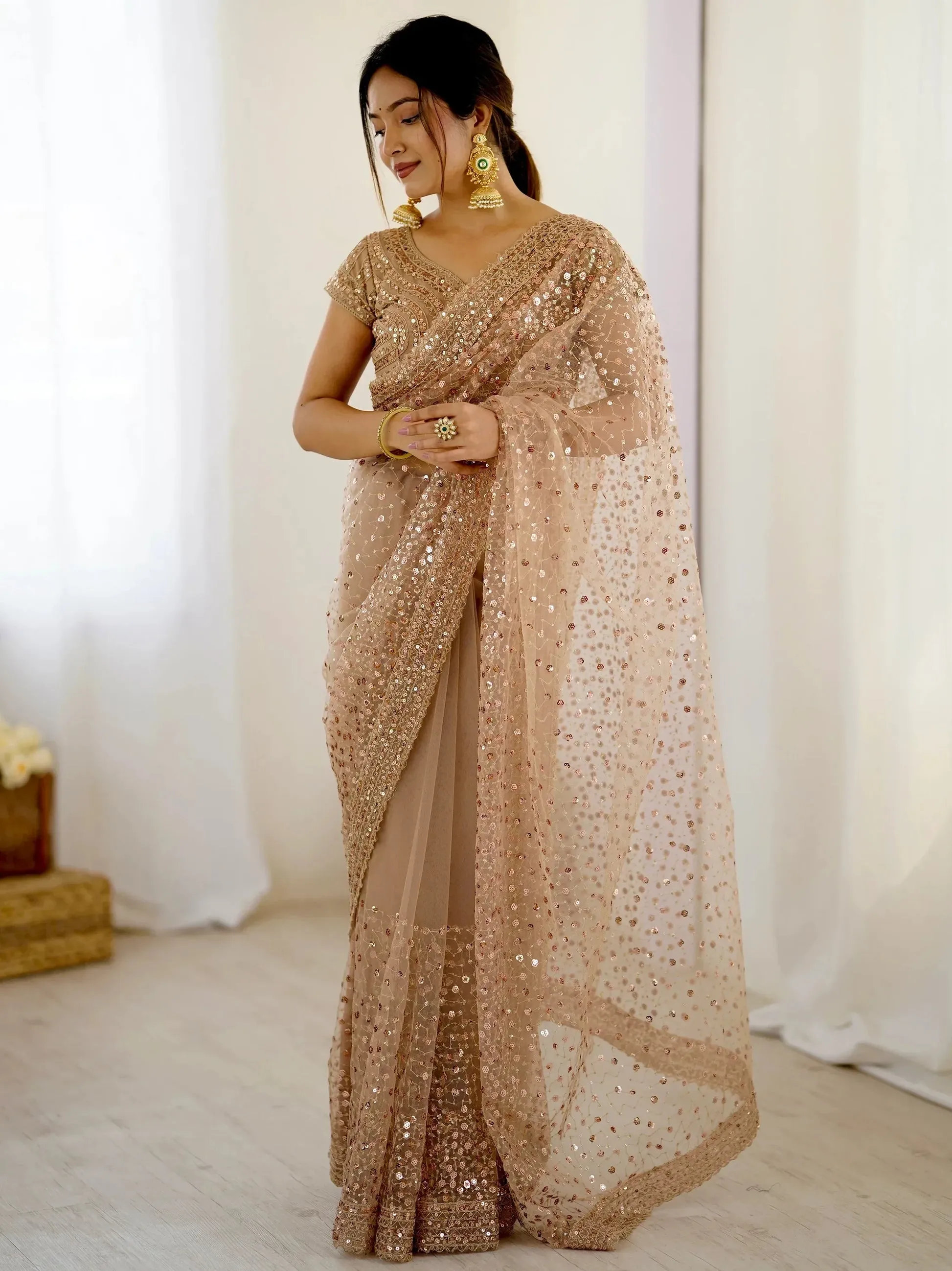 Marvelous Golden Sequins Net Party Wear Saree With Blouse - Zeel Clothing