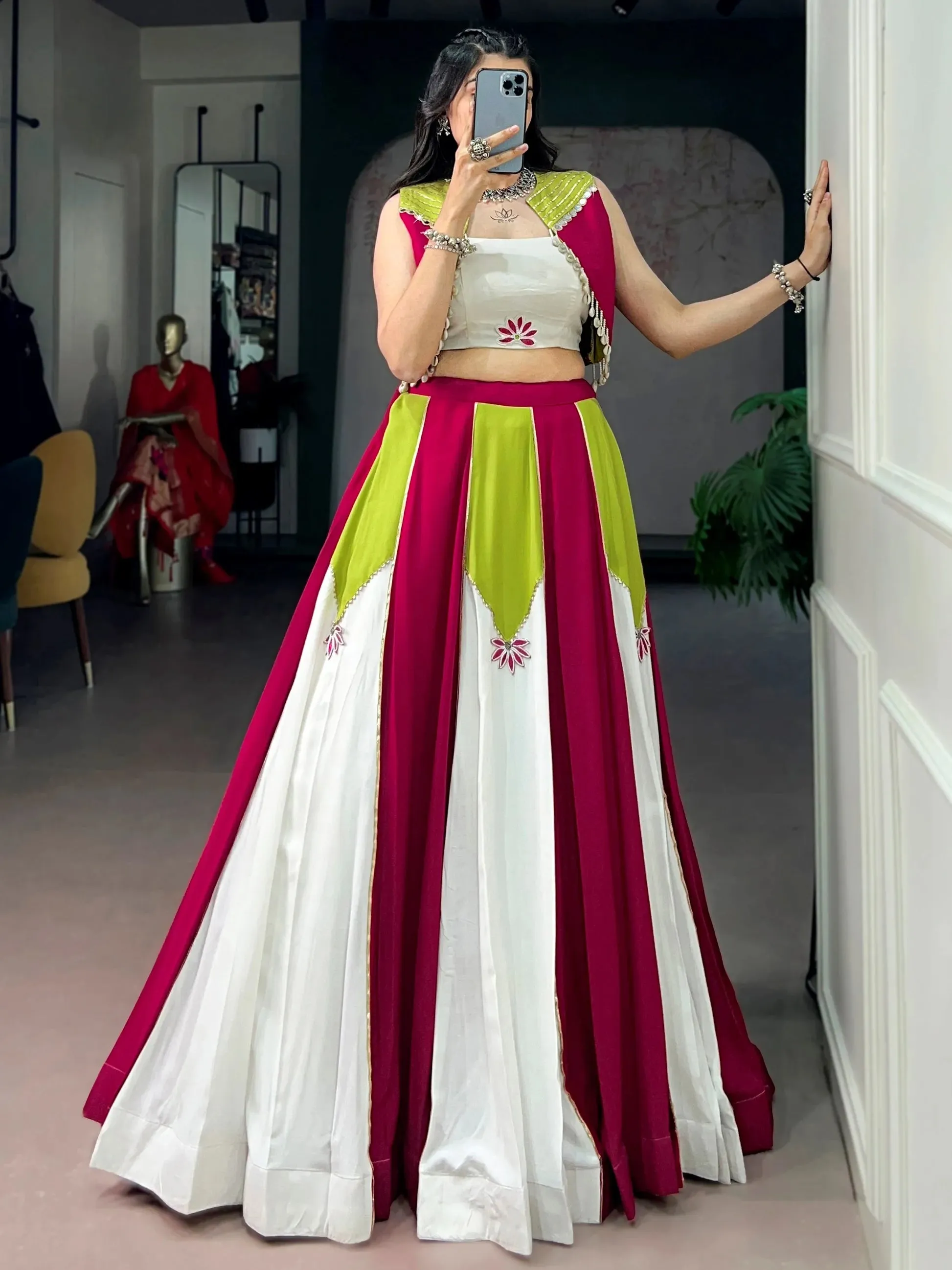 Pretty Multi-Color Gota Patti Rayon Navratri Wear Lehenga Choli With Koti