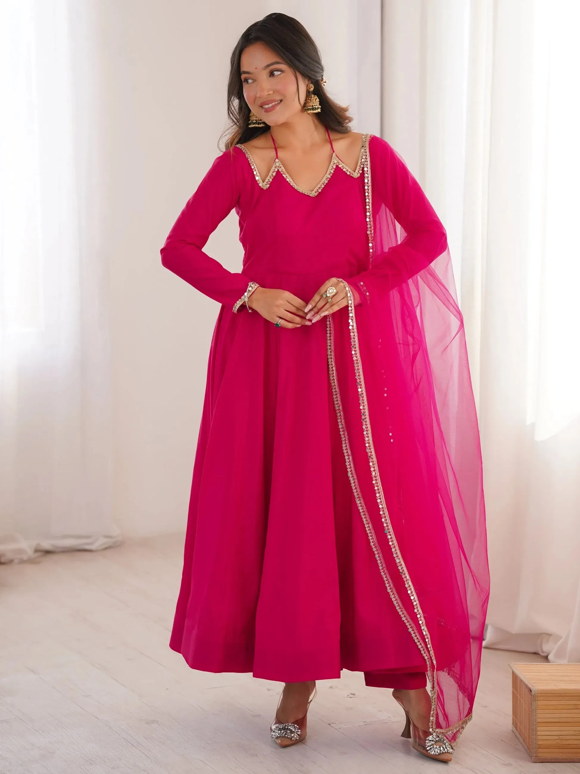 Beautiful Pink Lace Work Georgette Event Wear Anarkali Suit With Dupatta
