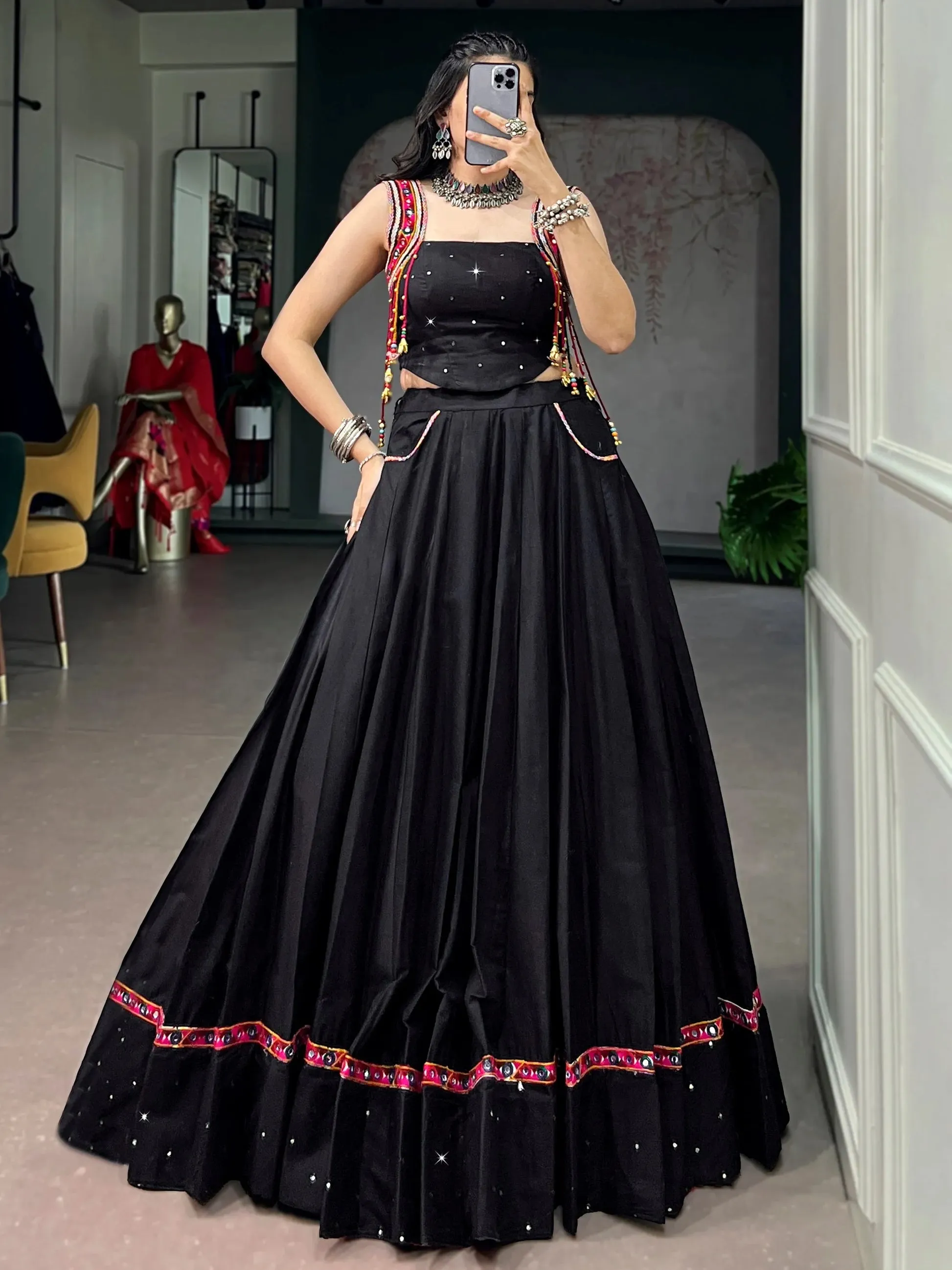 Attractive Black Mirror Work Cotton Navratri Wear Lehenga Choli