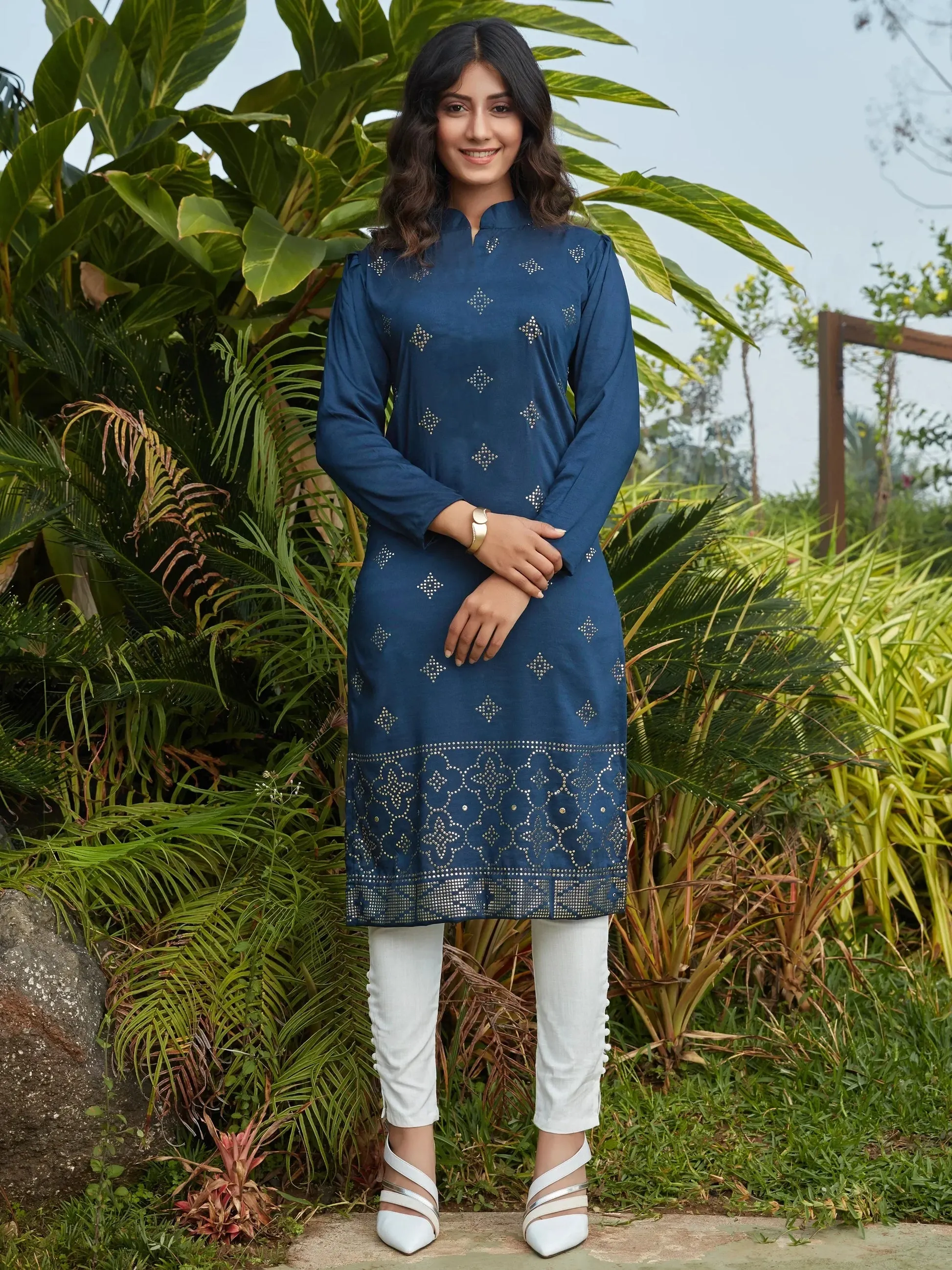 Wonderful Navy Blue Mukaish Work Cotton Casual Wear Kurti - Zeel Clothing