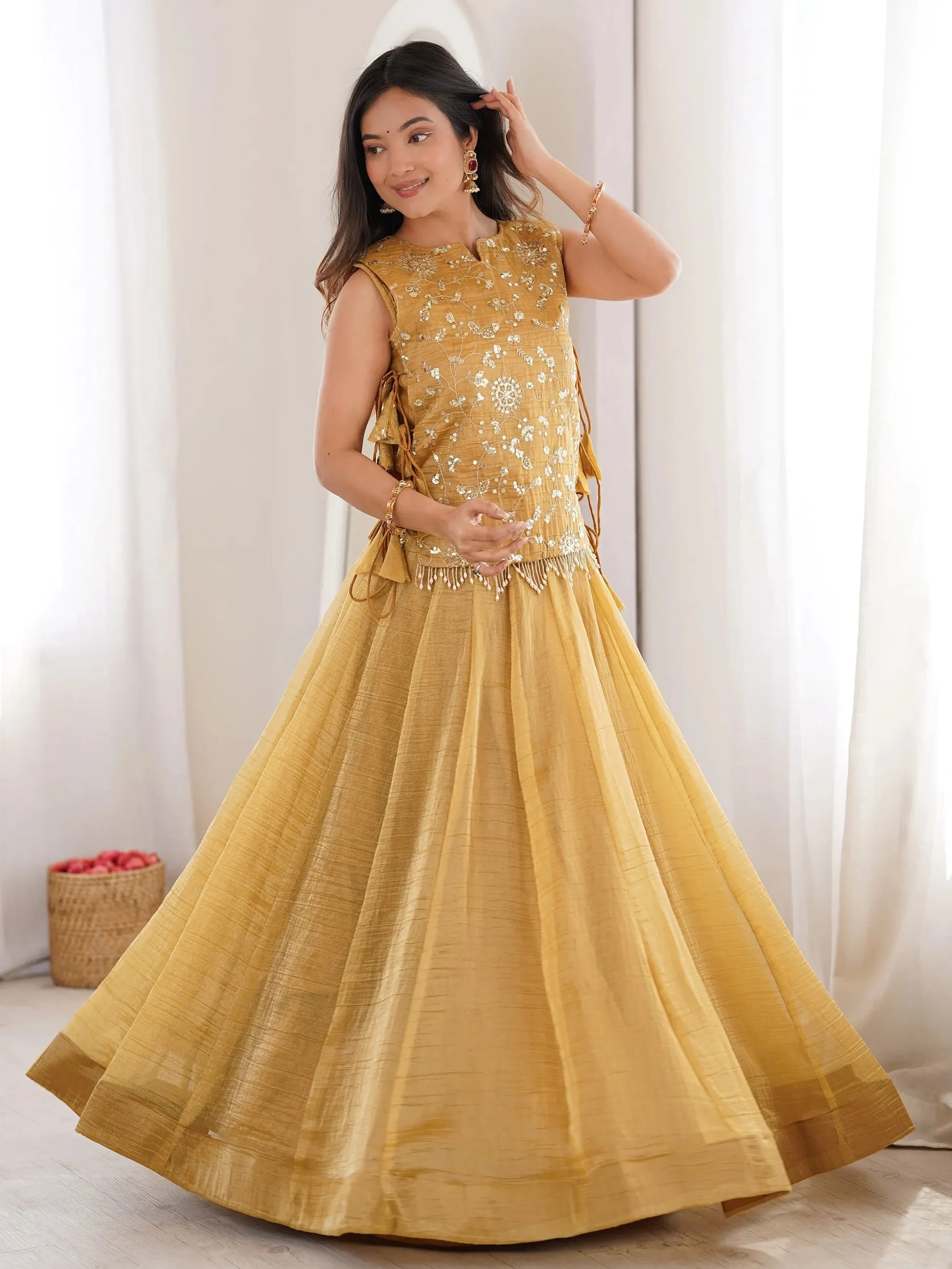 Enchanting Golden Sequins Work Crush Function Wear Lehenga Choli With Koti