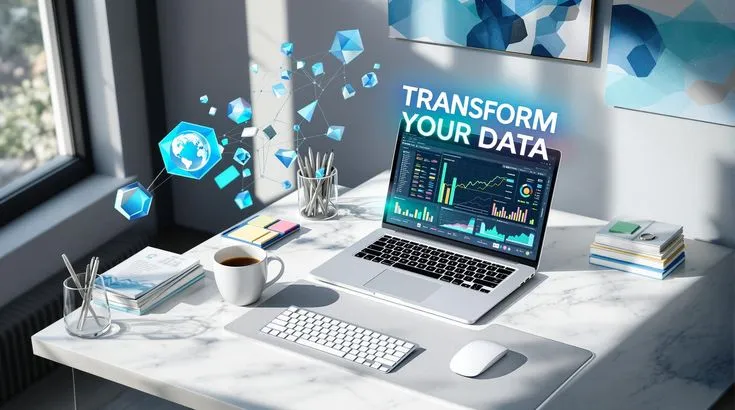 This contains: Modern office desk with MacBook displaying colorful charts, wireless keyboard, stacked reports, and holographic data elements in professional setting