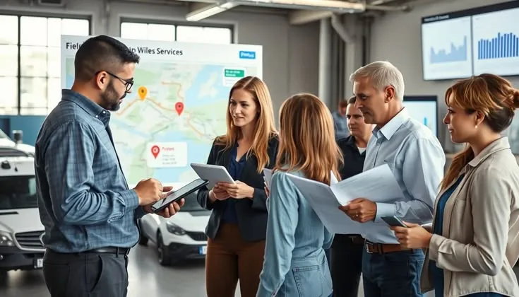 This may contain: group of people standing in front of a map and looking at something on a clipboard