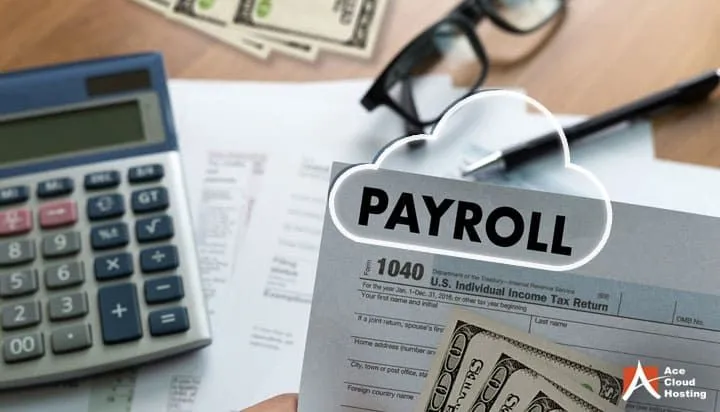 This may contain: a person holding up a paper with the word payroll on it next to a calculator and glasses