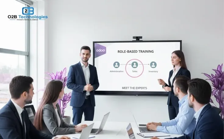 This may contain: a man giving a presentation to his colleagues in front of a large screen with the words role - based training on it