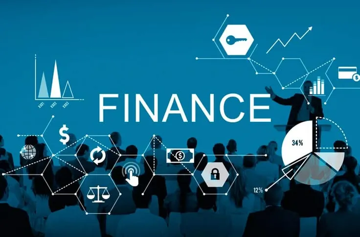 This may contain: people are standing in front of a screen with finance icons on it and the words finance above them