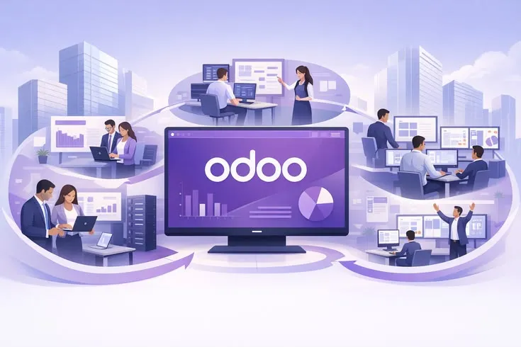 This may contain: people working on computers in an office setting, with the word odo above them