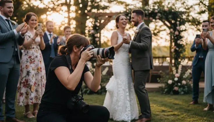 This may contain: a bride and groom are taking pictures with their wedding party in the back ground at sunset
