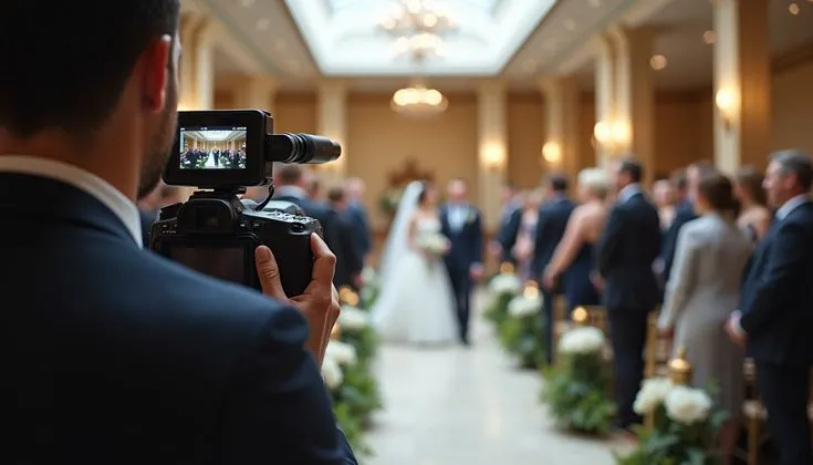 This may contain: a man taking a photo of a bride and groom at their wedding ceremony in the grand hall