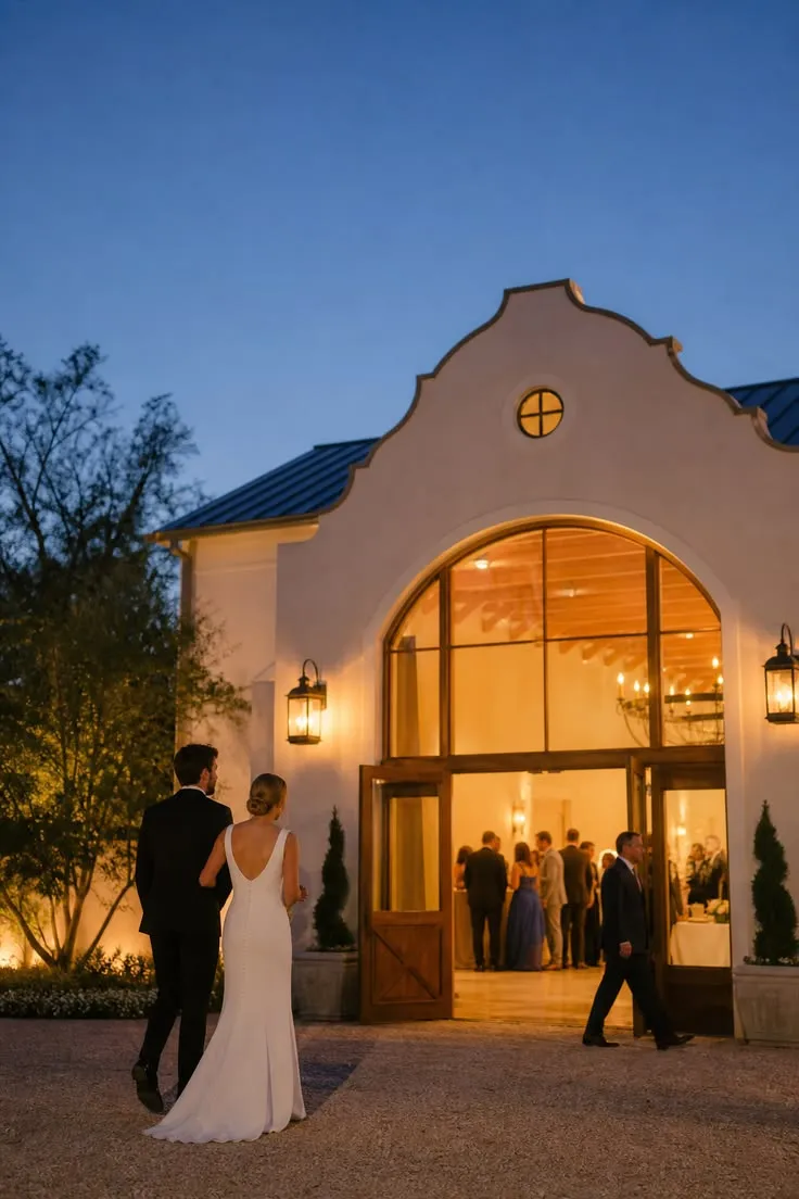 This may contain: the bride and groom are walking into the reception hall at night time, with their guests in the background