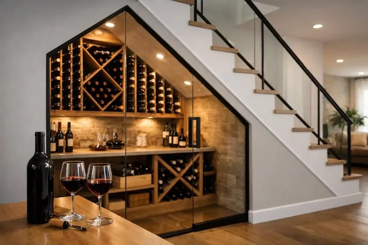 This may contain: a wine cellar in the middle of a living room with stairs leading up to it