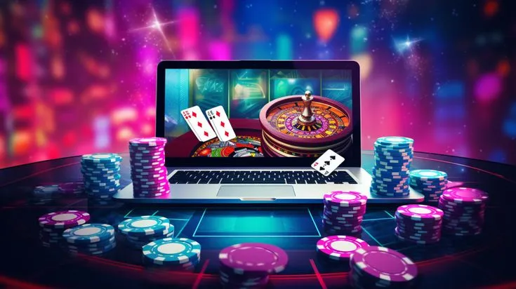 This may contain: a laptop computer sitting on top of a table filled with casino chips and dices