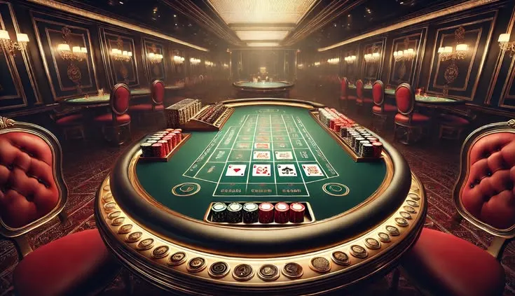 This may contain: a casino table surrounded by red chairs