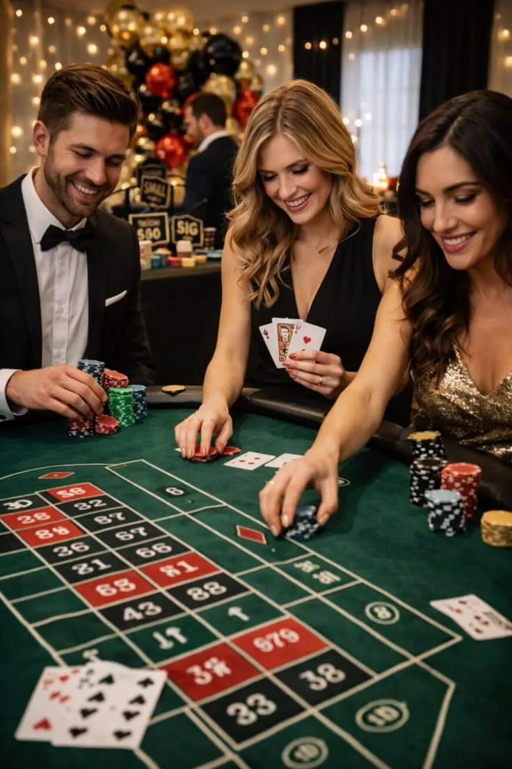 This may contain: two women and a man playing roulejack in a casino