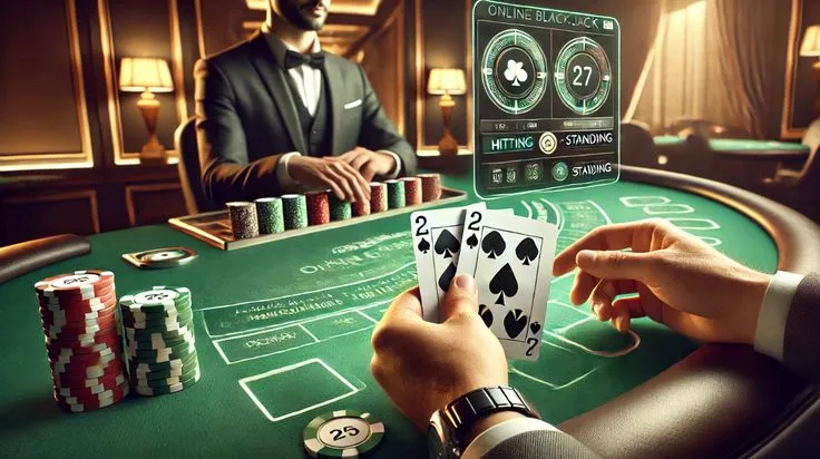 This may contain: two men in tuxedos playing poker at a casino table with cards and chips