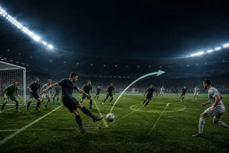 This may contain: a group of people playing soccer on a field at night with the lights turned on
