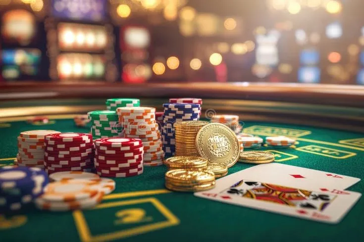 This contains: Casino Night: Gold Coins, Poker Chips, and Playing Cards on Green Felt Table for Gambling Themes. A vibrant casino scene showcasing stacks of poker