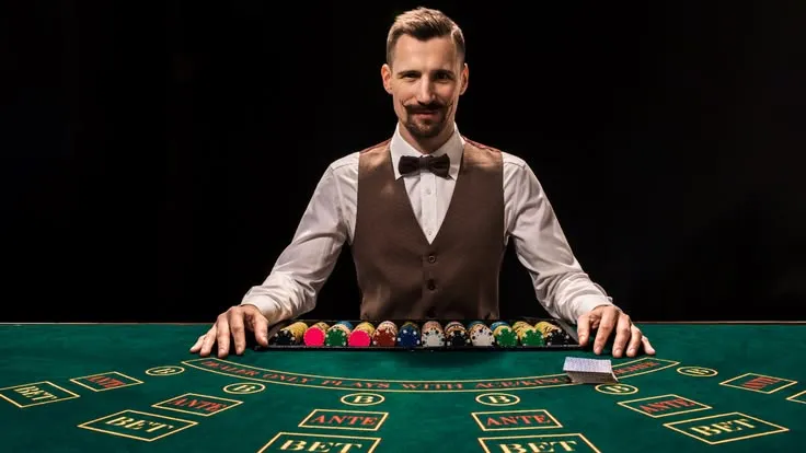 This may contain: a man sitting at a table in front of a rouleette with cards on it