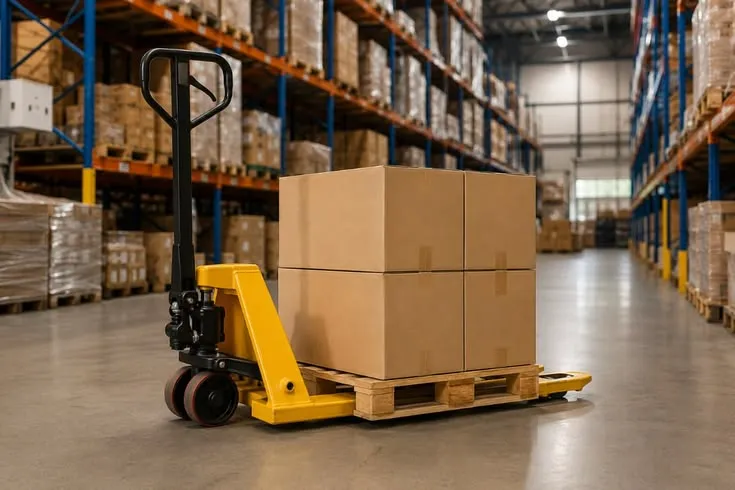 This may contain: a forklift in a warehouse with boxes on the pallets