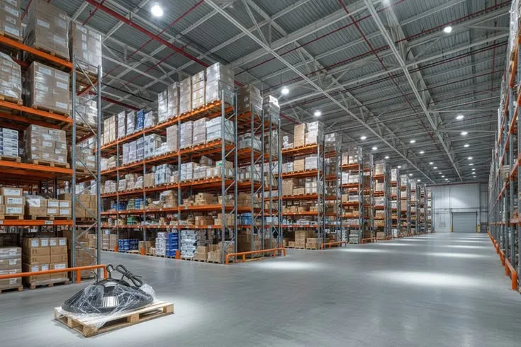 This may contain: an industrial warehouse filled with lots of shelves and boxes