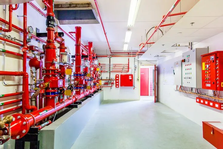 This may contain: the inside of a fire station with red pipes and valves on the wall, along with other equipment