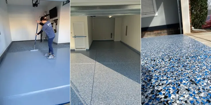 This may contain: three different pictures with blue and white flooring in the same room, one has a man using a mop