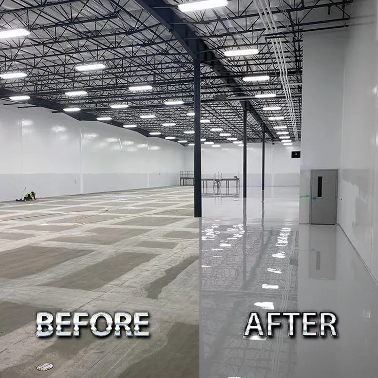 This may contain: before and after photos of an empty warehouse with no people in the room or on the floor
